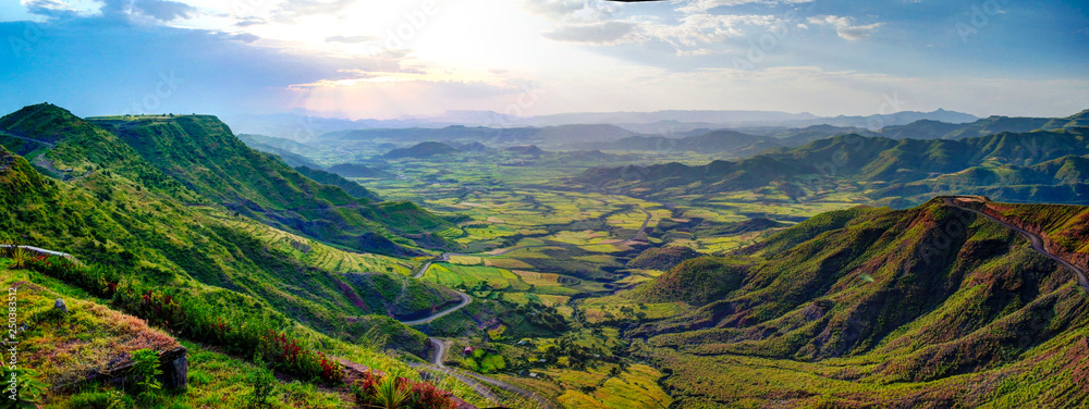 Aerial Panorama of Semien mountains and valley around Lalibela, Ethiopia